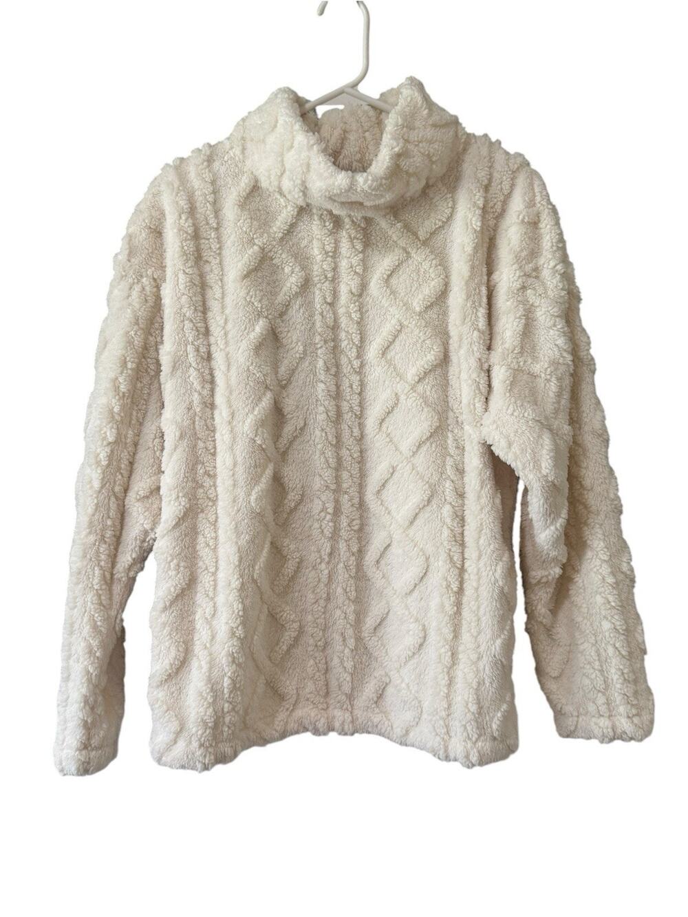 Eddie Bauer Pullover Womens M Ivory Sherpa Fleece Cable Mock Neck Warm Jacket